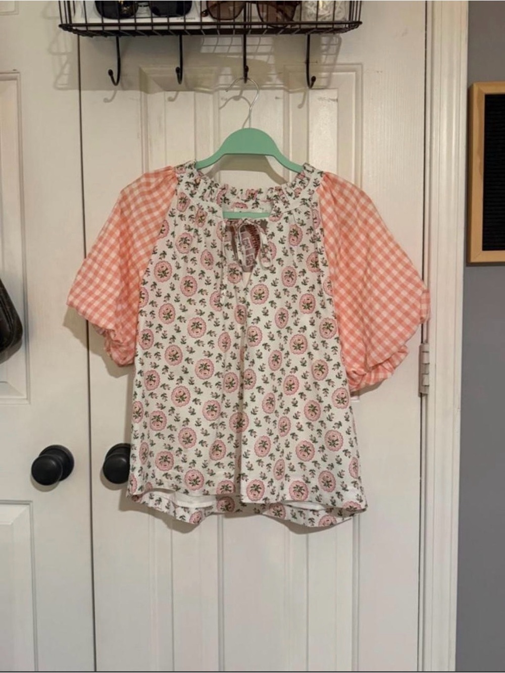 Pink Floral and Gingham Puff Sleeve Top